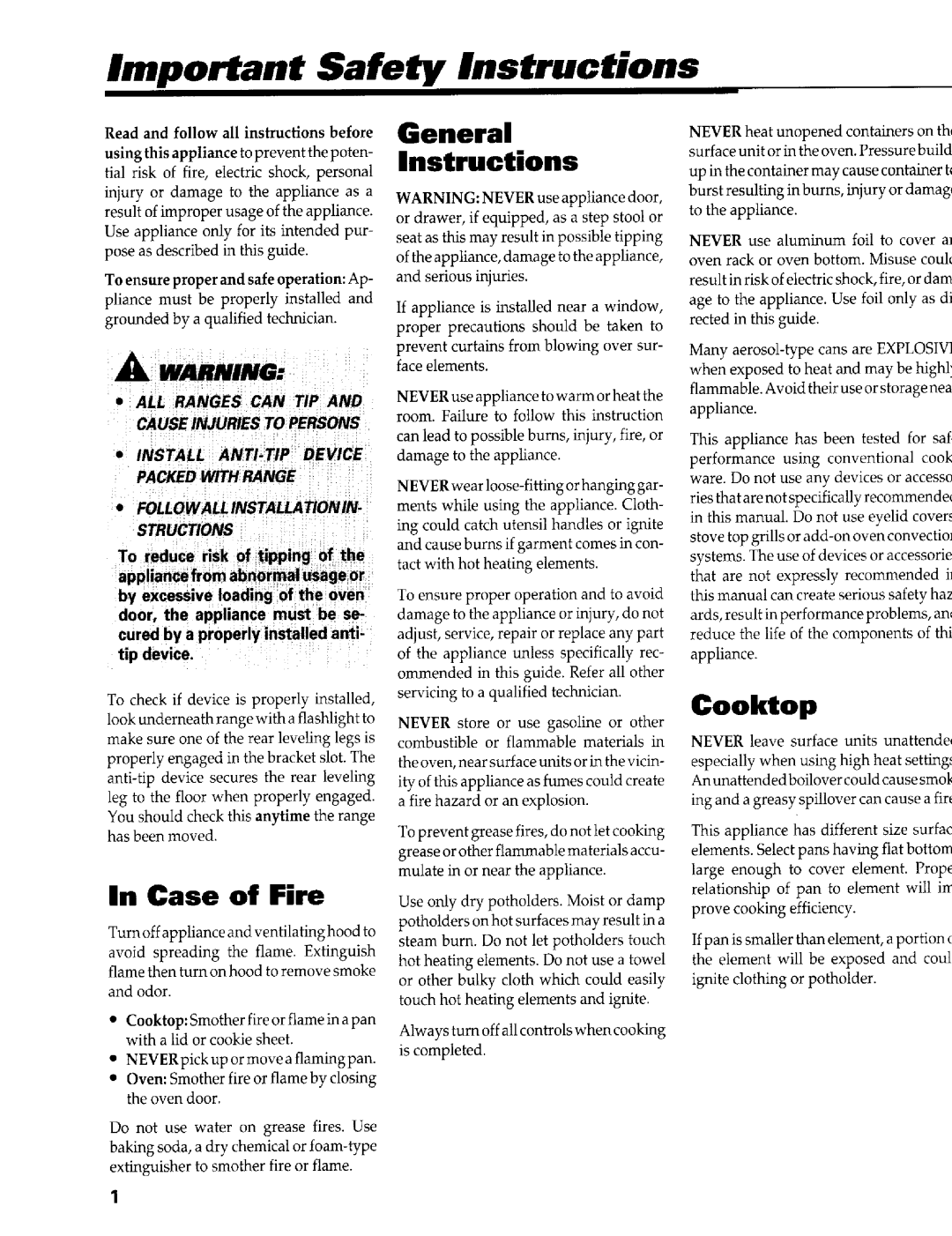 Maytag PER4510 Important Safety Instructions, General, In Case of Fire, To reduce risk, tip device, Ilnstructions, Cooktop 