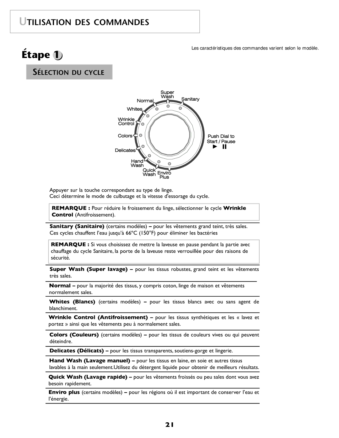 Maytag pmn warranty Utilisation DES Commandes, Sélection DU Cycle 