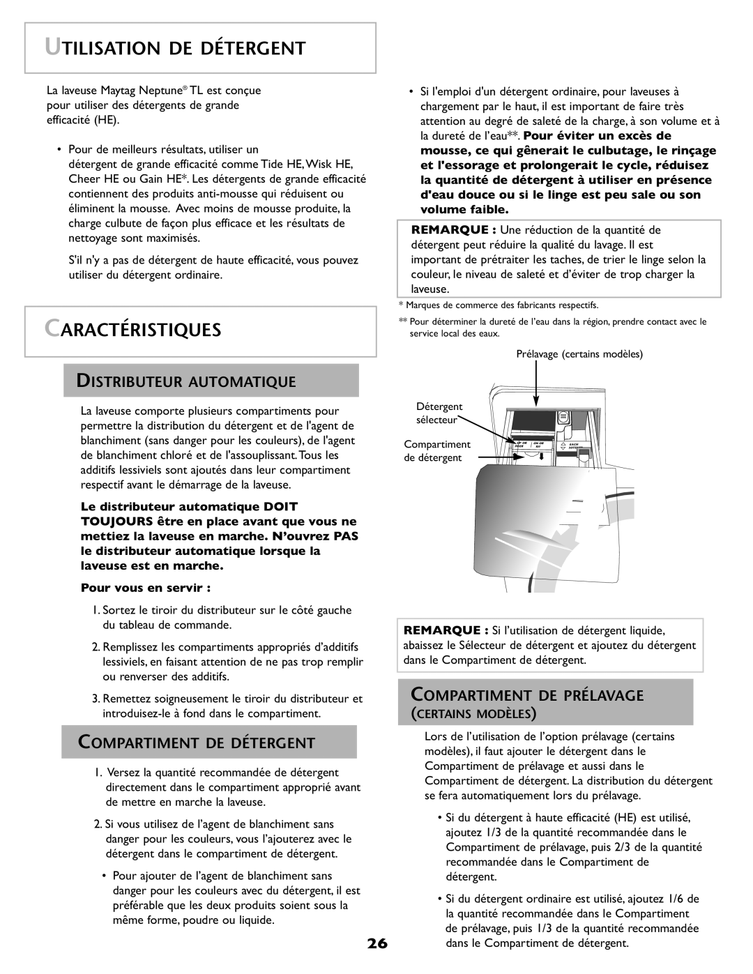 Maytag pmn warranty Utilisation DE Détergent, Caractéristiques, Distributeur Automatique, Compartiment DE Détergent 