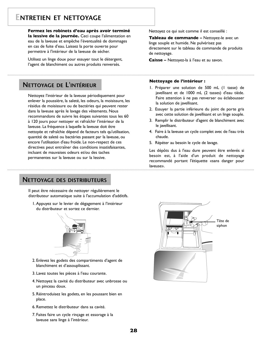 Maytag pmn warranty Entretien ET Nettoyage, Nettoyage DE Lintérieur, Nettoyage DES Distributeurs, Nettoyage de l’intérieur 