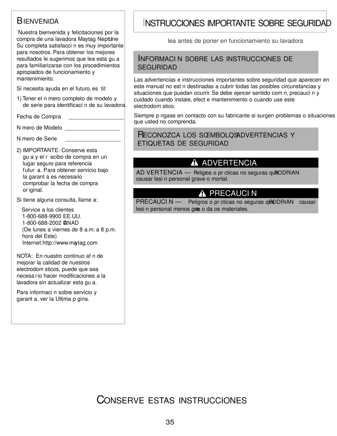 Maytag pmn warranty Conserve Estas Instrucciones, Bienvenida, Información Sobre LAS Instrucciones DE Seguridad 