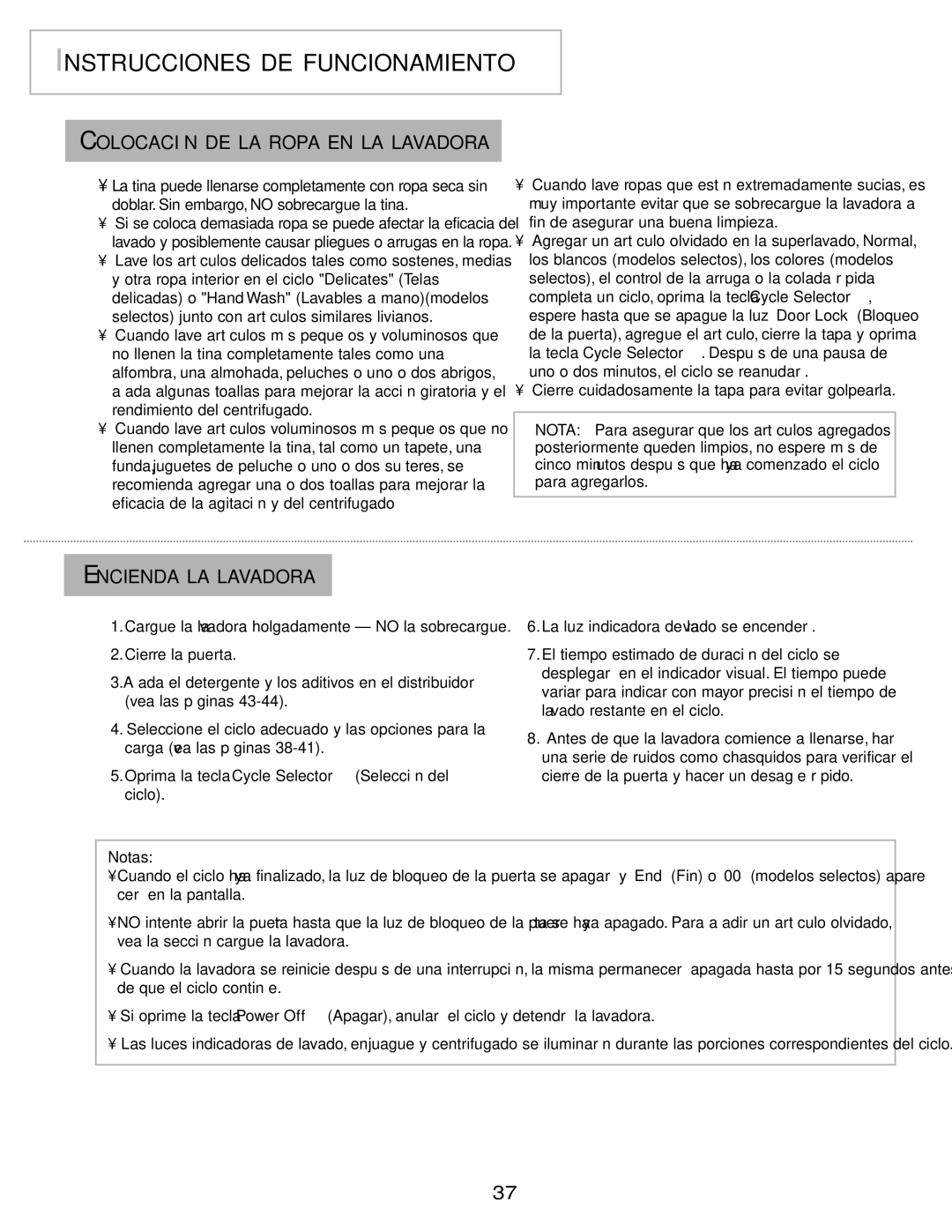 Maytag pmn warranty Instrucciones DE Funcionamiento, Colocación DE LA Ropa EN LA Lavadora, Encienda LA Lavadora, Notas 