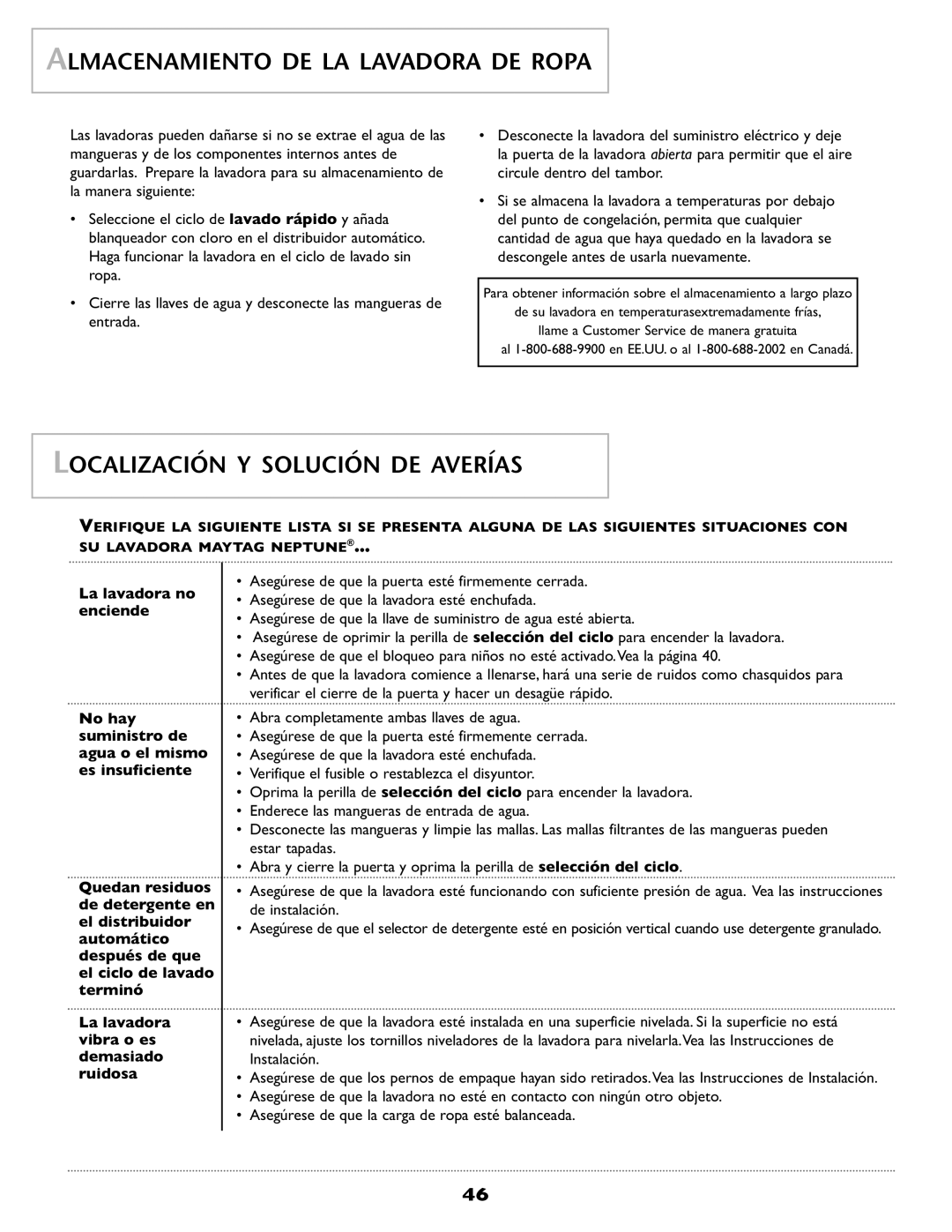 Maytag pmn warranty Almacenamiento DE LA Lavadora DE Ropa, Localización Y Solución DE Averías 