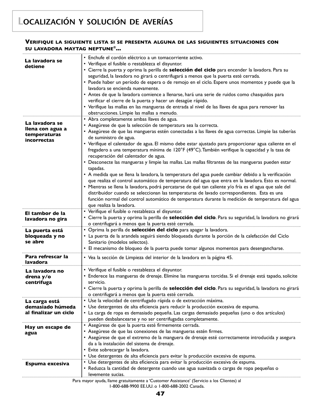 Maytag pmn La lavadora se, Detiene, Llena con agua a, Temperaturas, Incorrectas, El tambor de la, Lavadora no gira, Agua 