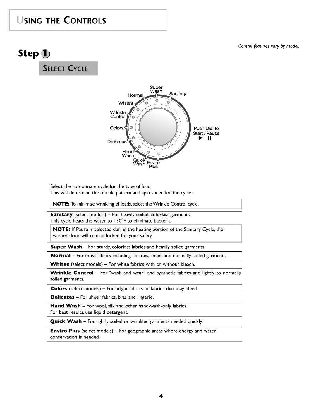 Maytag pmn warranty Using the Controls, Select Cycle 