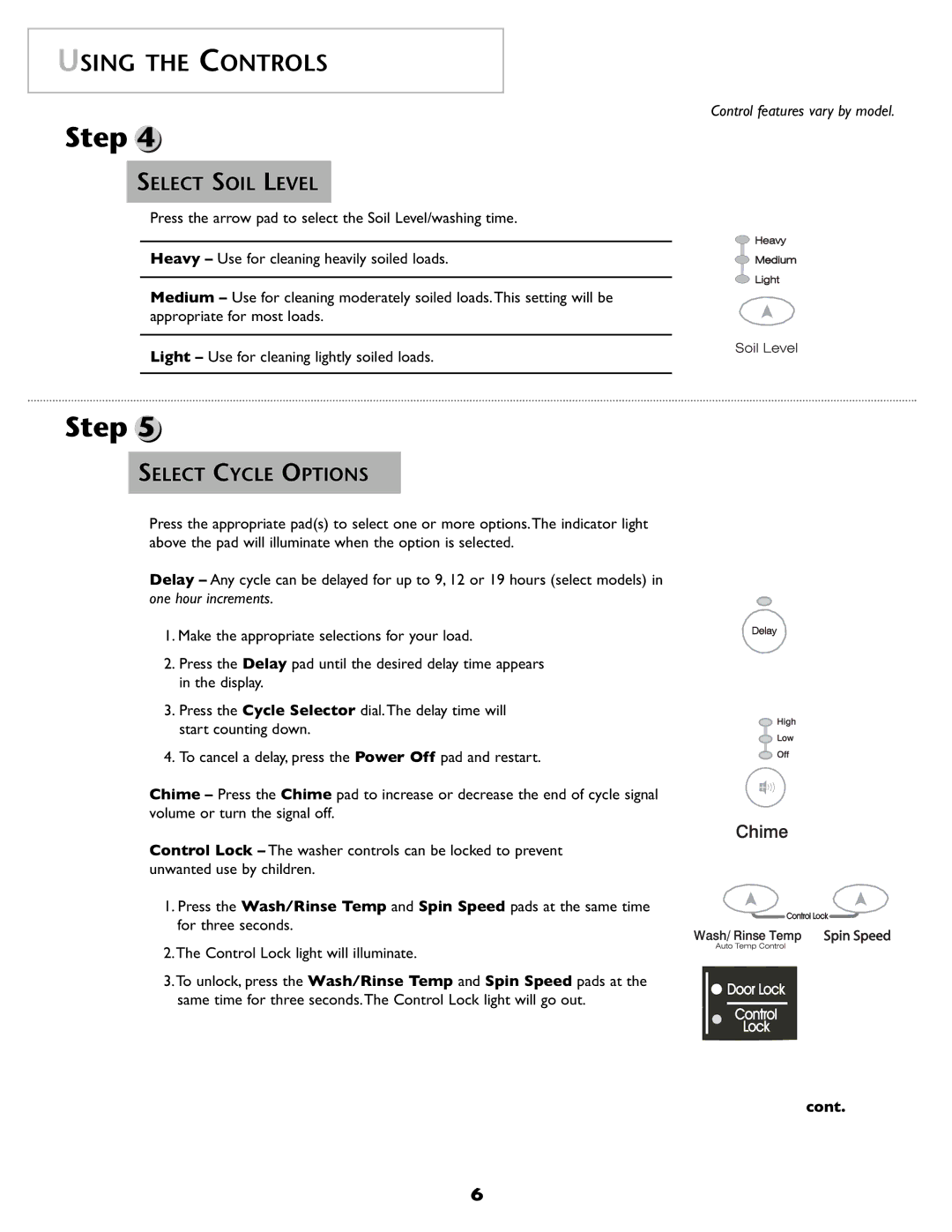 Maytag pmn warranty Select Soil Level, Select Cycle Options, Cont 