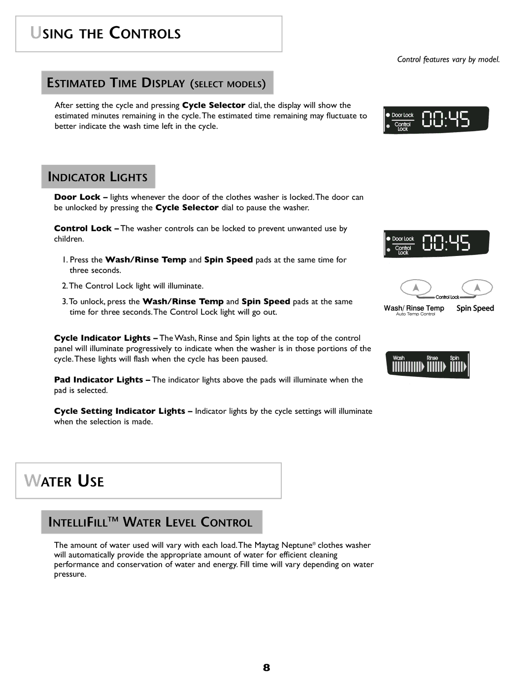 Maytag pmn warranty Water USE, Estimated Time Display Select Models, Indicator Lights, Intellifilltm Water Level Control 