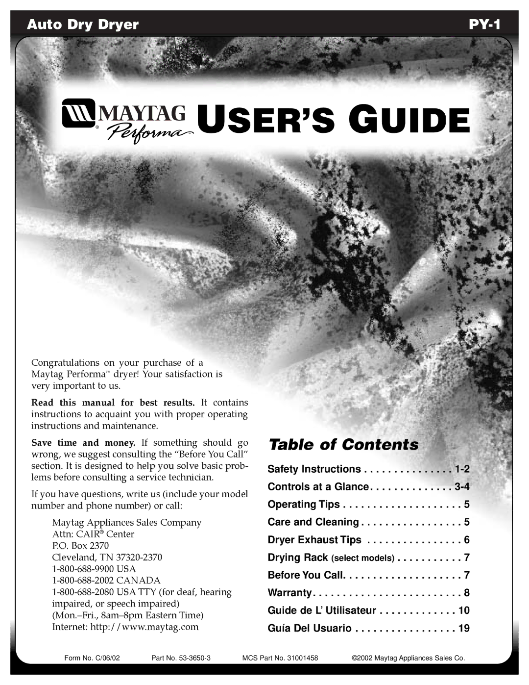 Maytag PY-1 operating instructions USER’S Guide 