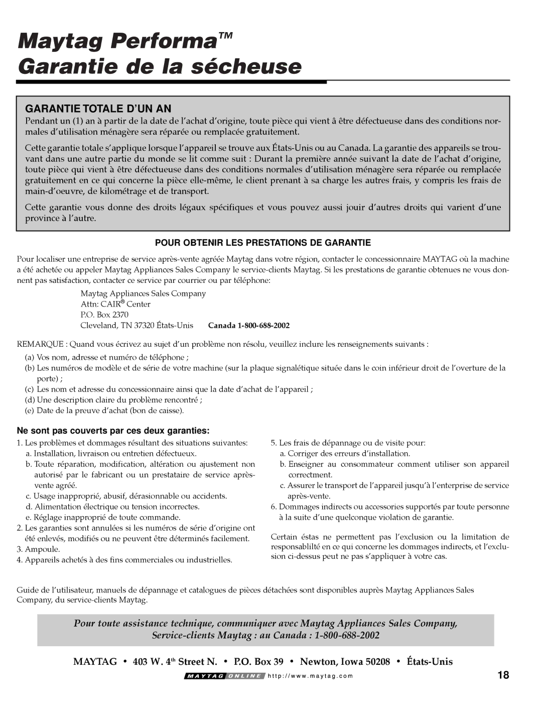 Maytag PY-1 operating instructions Maytag Performa Garantie de la sécheuse, Garantie Totale D’UN AN 