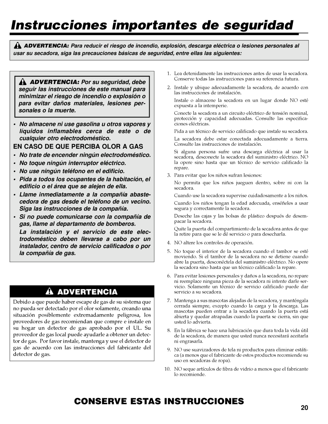 Maytag PY-1 operating instructions Instrucciones importantes de seguridad, EN Caso DE QUE Perciba Olor a GAS 