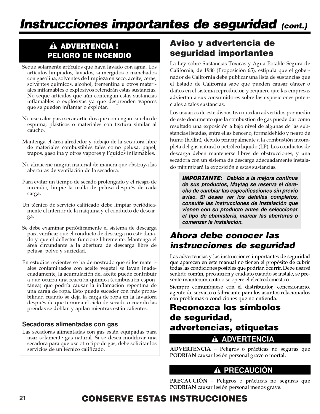 Maytag PY-1 operating instructions Aviso y advertencia de seguridad importantes, Secadoras alimentadas con gas 