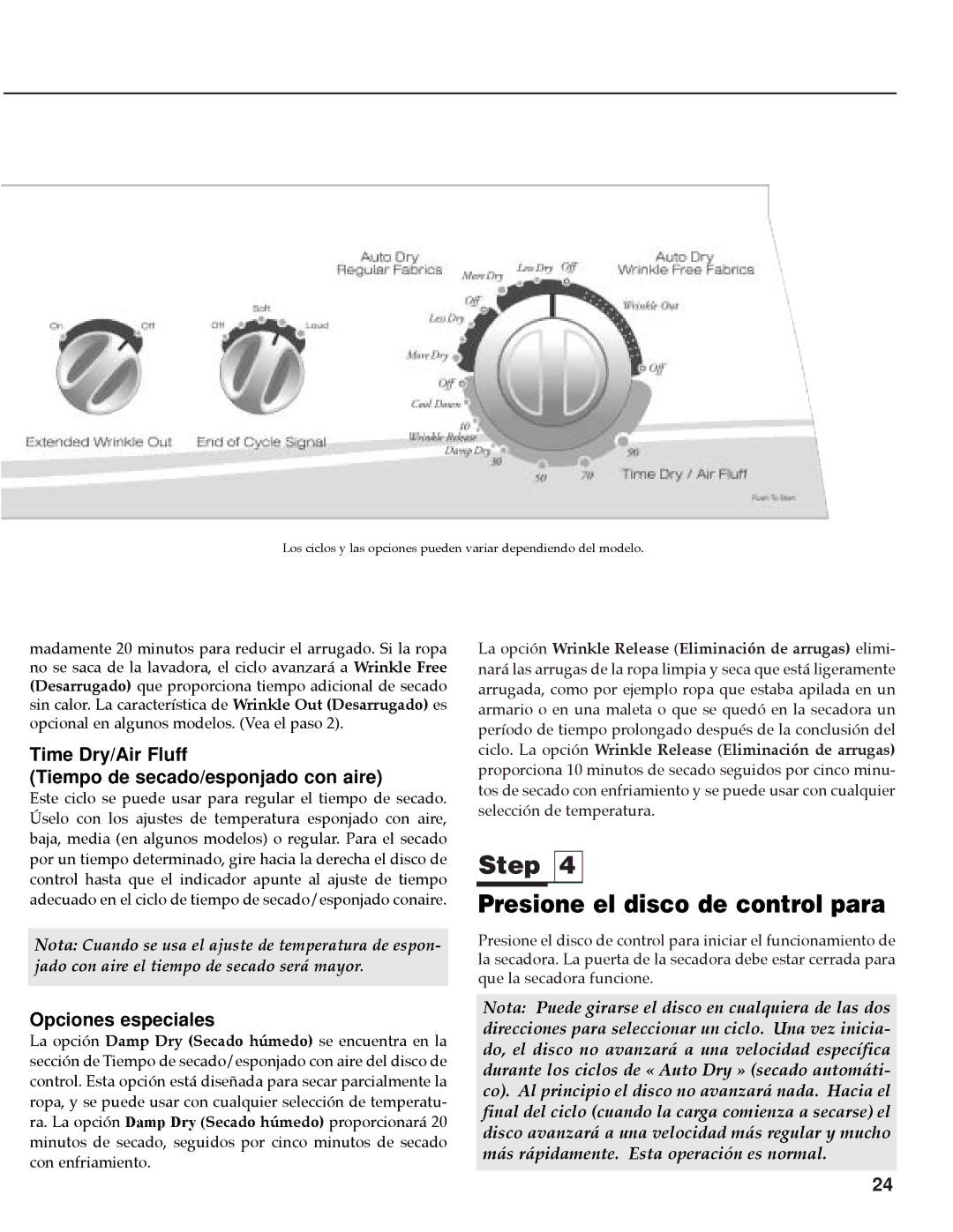 Maytag PY-1 Step, Presione el disco de control para, Time Dry/Air Fluff Tiempo de secado/esponjado con aire 