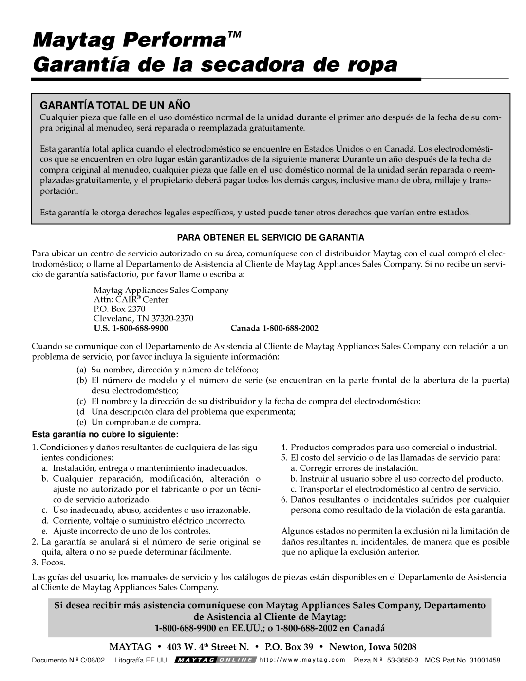 Maytag PY-1 operating instructions Maytag Performa Garantía de la secadora de ropa, Garantía Total DE UN AÑO 