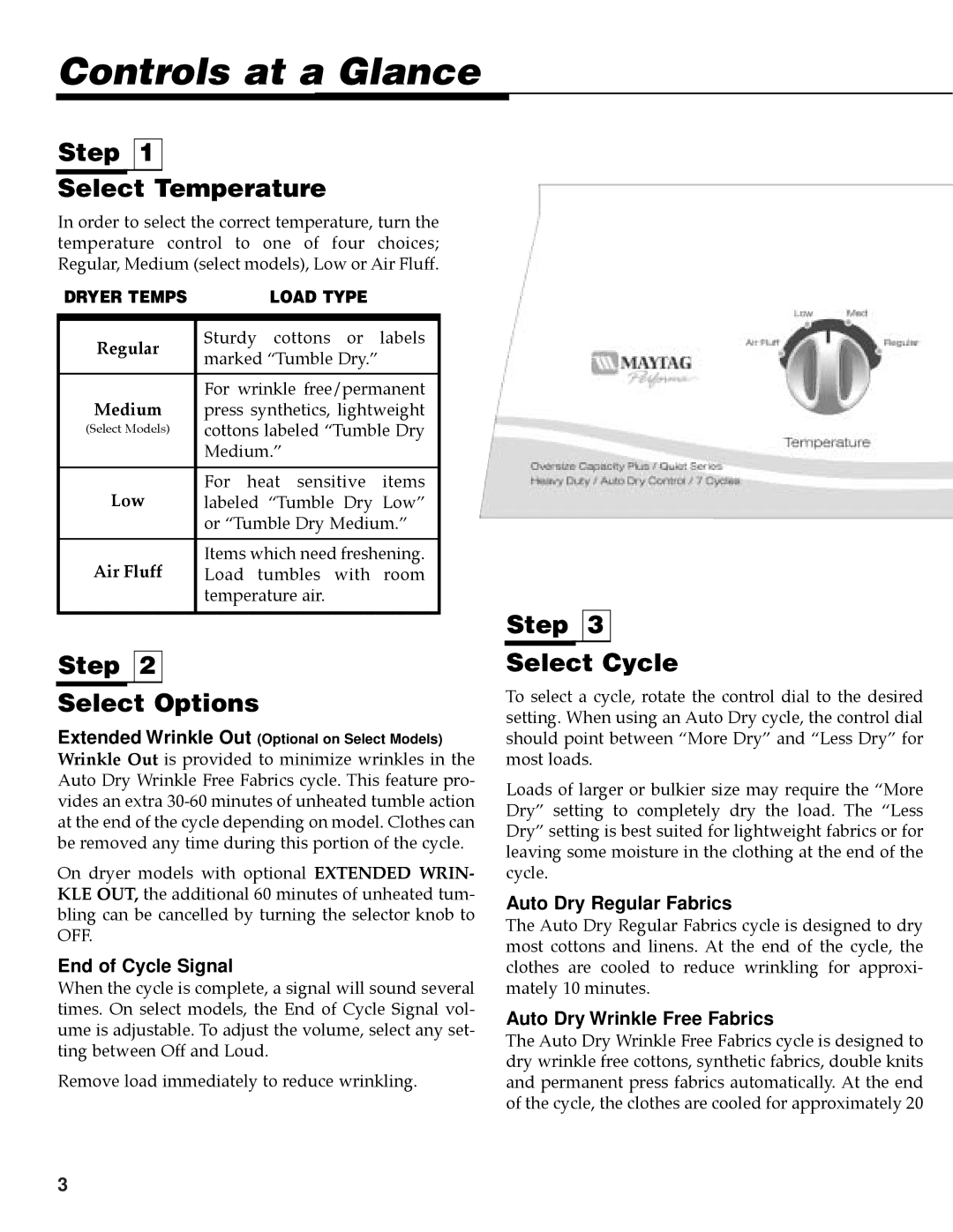 Maytag PY-1 operating instructions Controls at a Glance, Step Select Temperature, Step Select Options, Step Select Cycle 