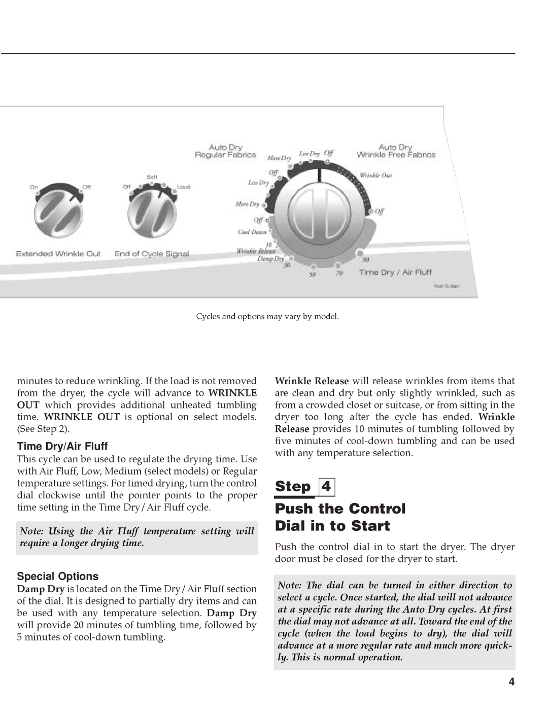 Maytag PY-1 operating instructions Step Push the Control Dial in to Start, Time Dry/Air Fluff, Special Options 