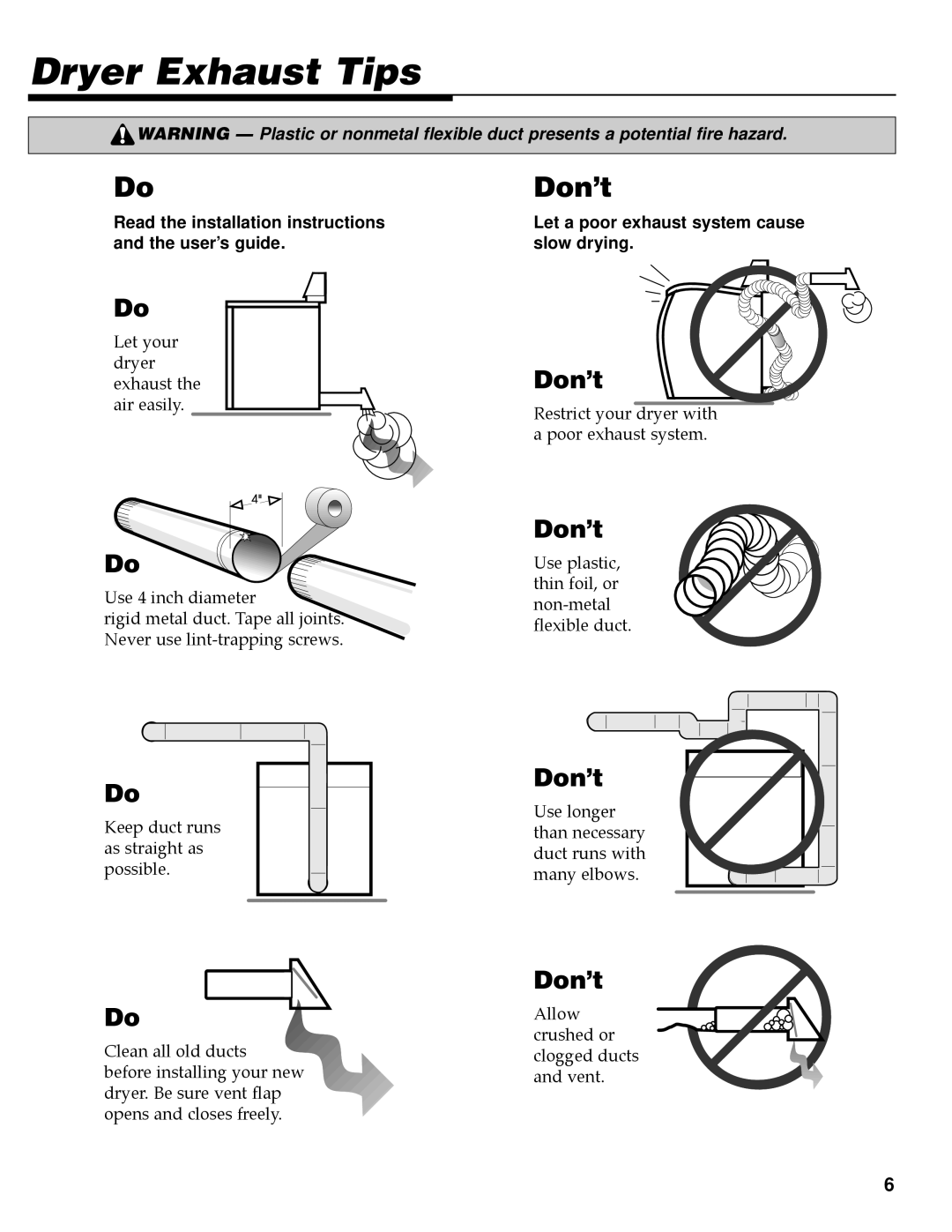 Maytag PY-1 operating instructions Dryer Exhaust Tips, Don’t 