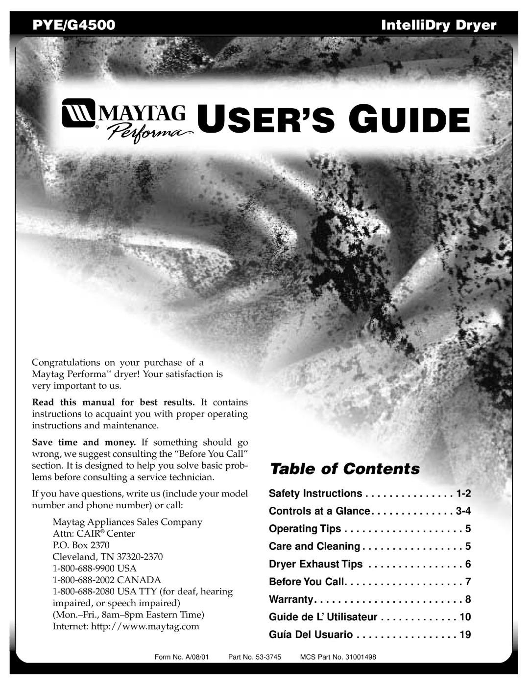 Maytag PYE/G4500 operating instructions USER’S Guide 