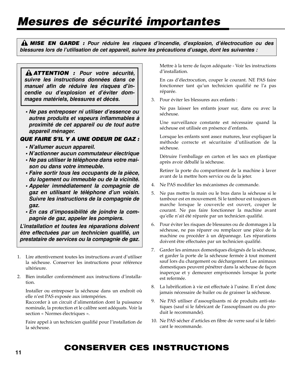 Maytag PYE/G4500 operating instructions Mesures de sécurité importantes, QUE Faire S’IL Y a UNE Odeur DE GAZ 