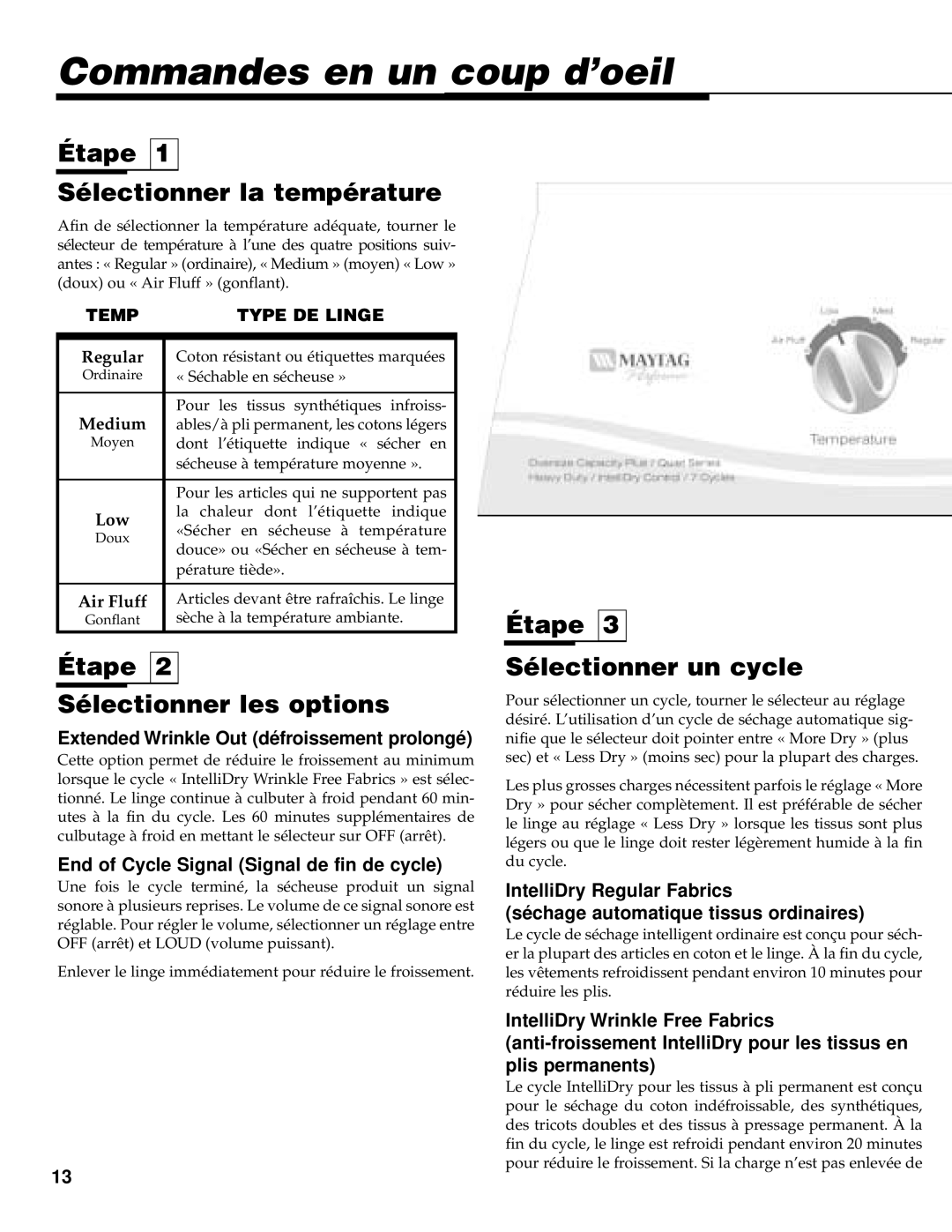 Maytag PYE/G4500 Commandes en un coup d’oeil, Étape Sélectionner la température, Étape Sélectionner les options 