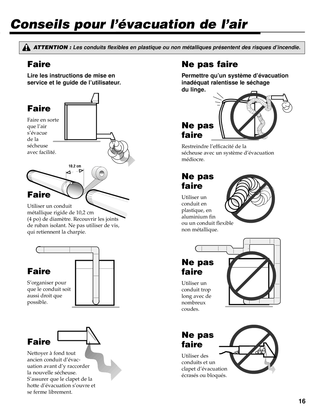 Maytag PYE/G4500 operating instructions Conseils pour l’évacuation de l’air, Faire, Ne pas faire 