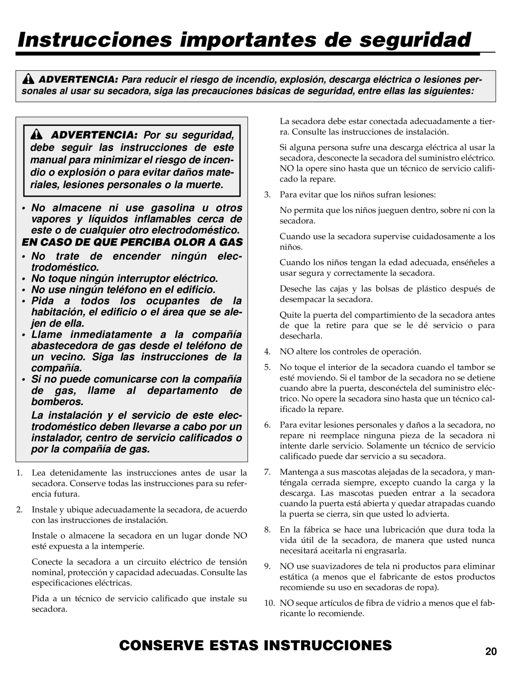 Maytag PYE/G4500 operating instructions Instrucciones importantes de seguridad, EN Caso DE QUE Perciba Olor a GAS 