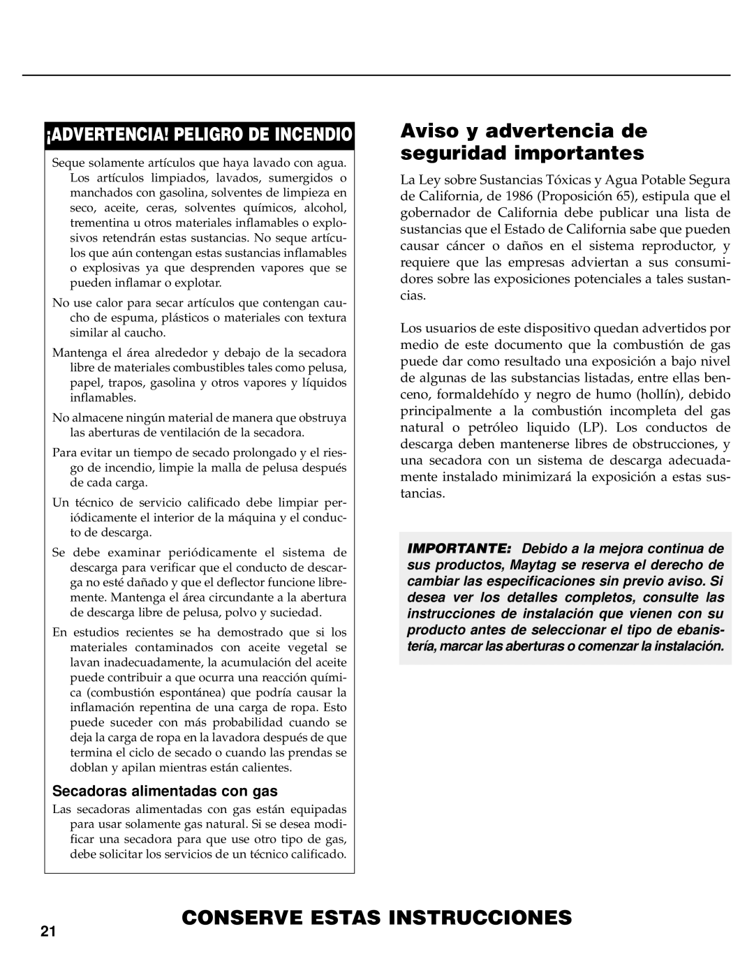 Maytag PYE/G4500 operating instructions Aviso y advertencia de seguridad importantes, Secadoras alimentadas con gas 