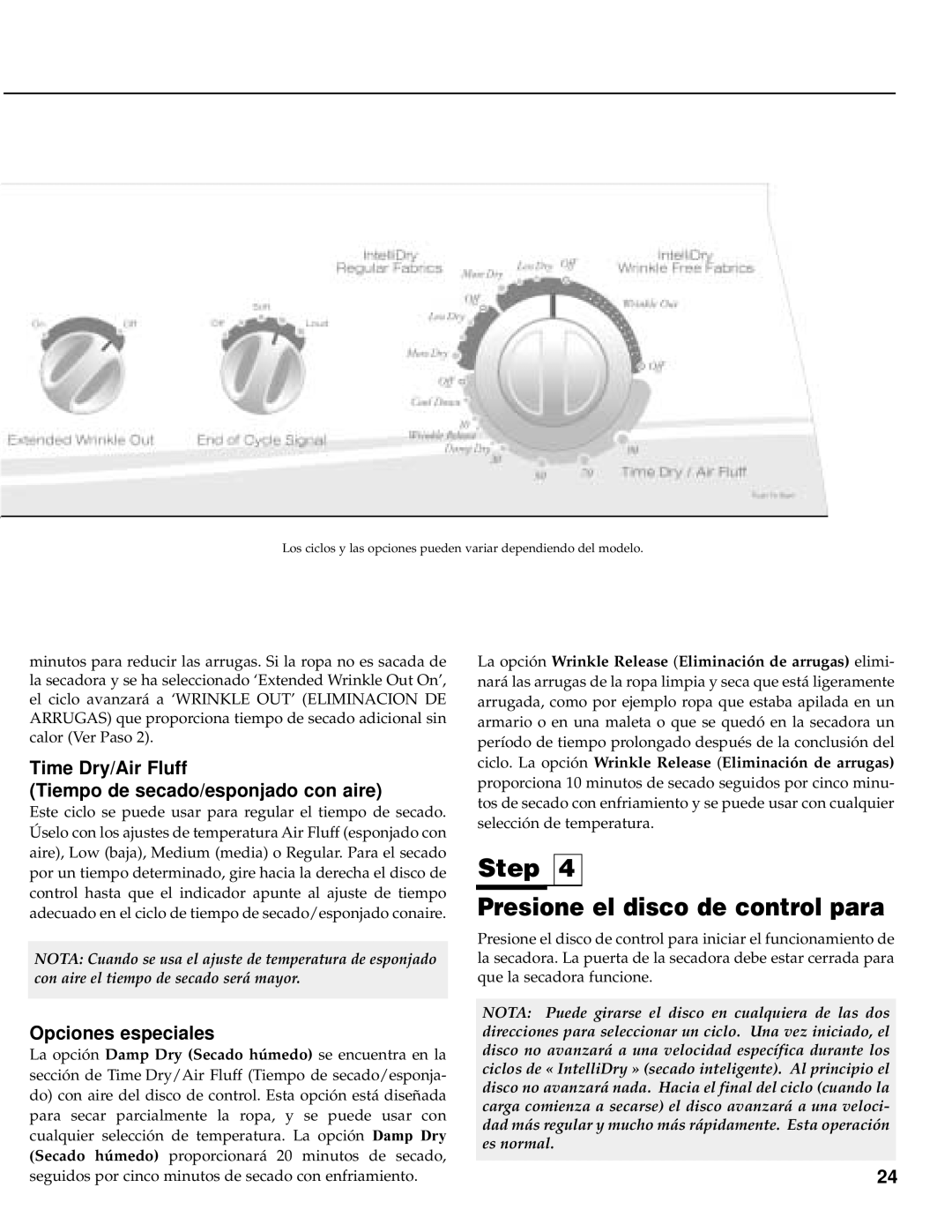 Maytag PYE/G4500 Step Presione el disco de control para, Time Dry/Air Fluff Tiempo de secado/esponjado con aire 