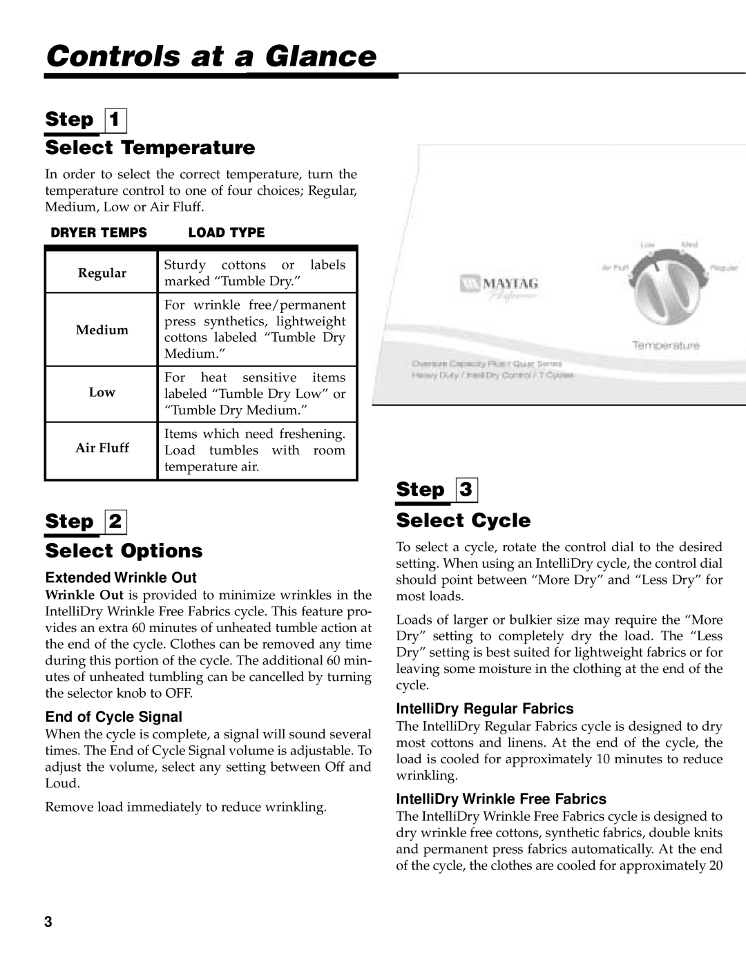 Maytag PYE/G4500 Controls at a Glance, Step Select Temperature, Step Select Options, Step Select Cycle 