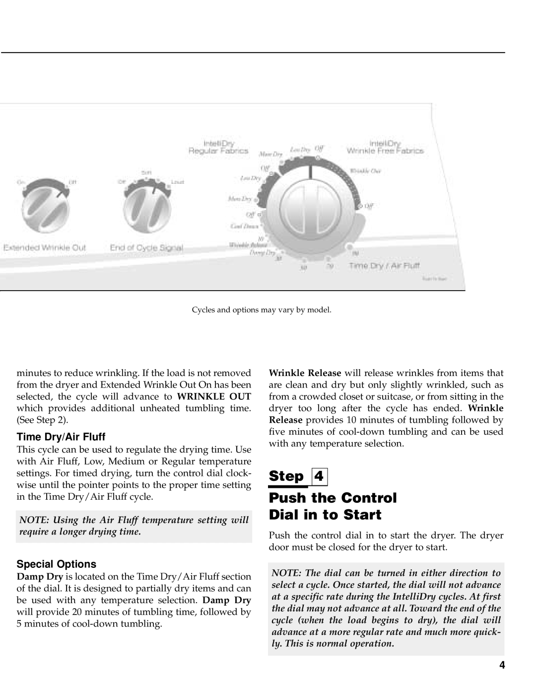 Maytag PYE/G4500 operating instructions Step Push the Control Dial in to Start, Time Dry/Air Fluff, Special Options 