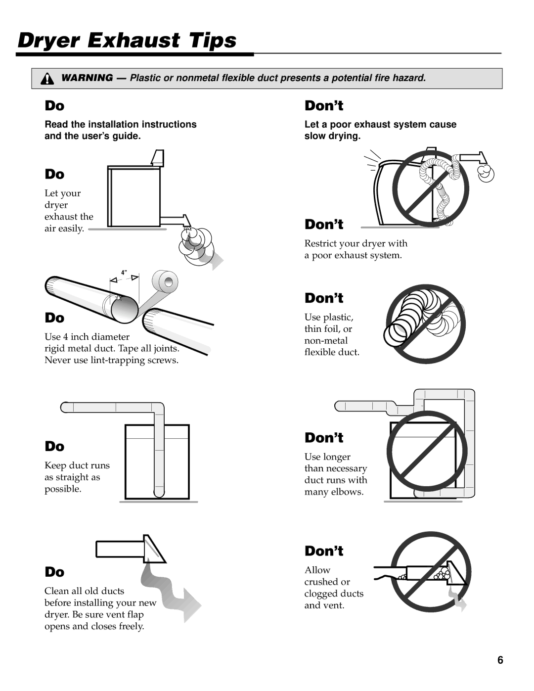 Maytag PYE/G4500 operating instructions Dryer Exhaust Tips, Don’t 