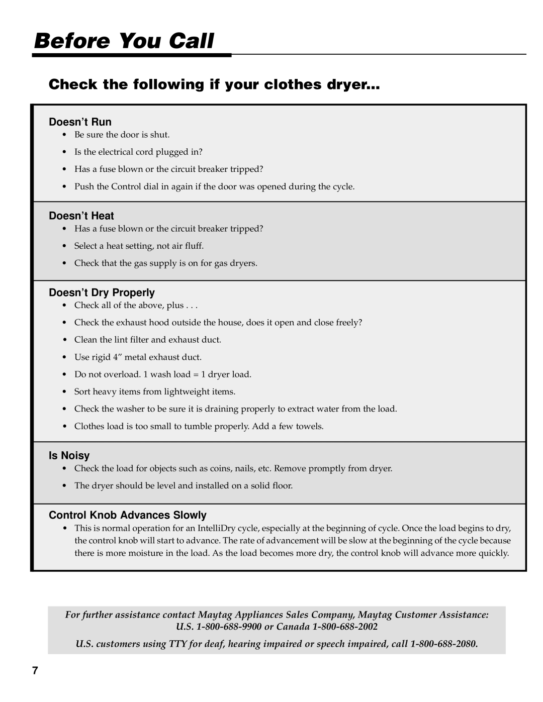 Maytag PYE/G4500 operating instructions Before You Call, Check the following if your clothes dryer 