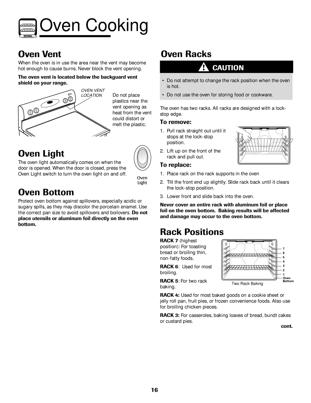 Maytag Range important safety instructions Oven Vent, Oven Light, Oven Bottom, Oven Racks 