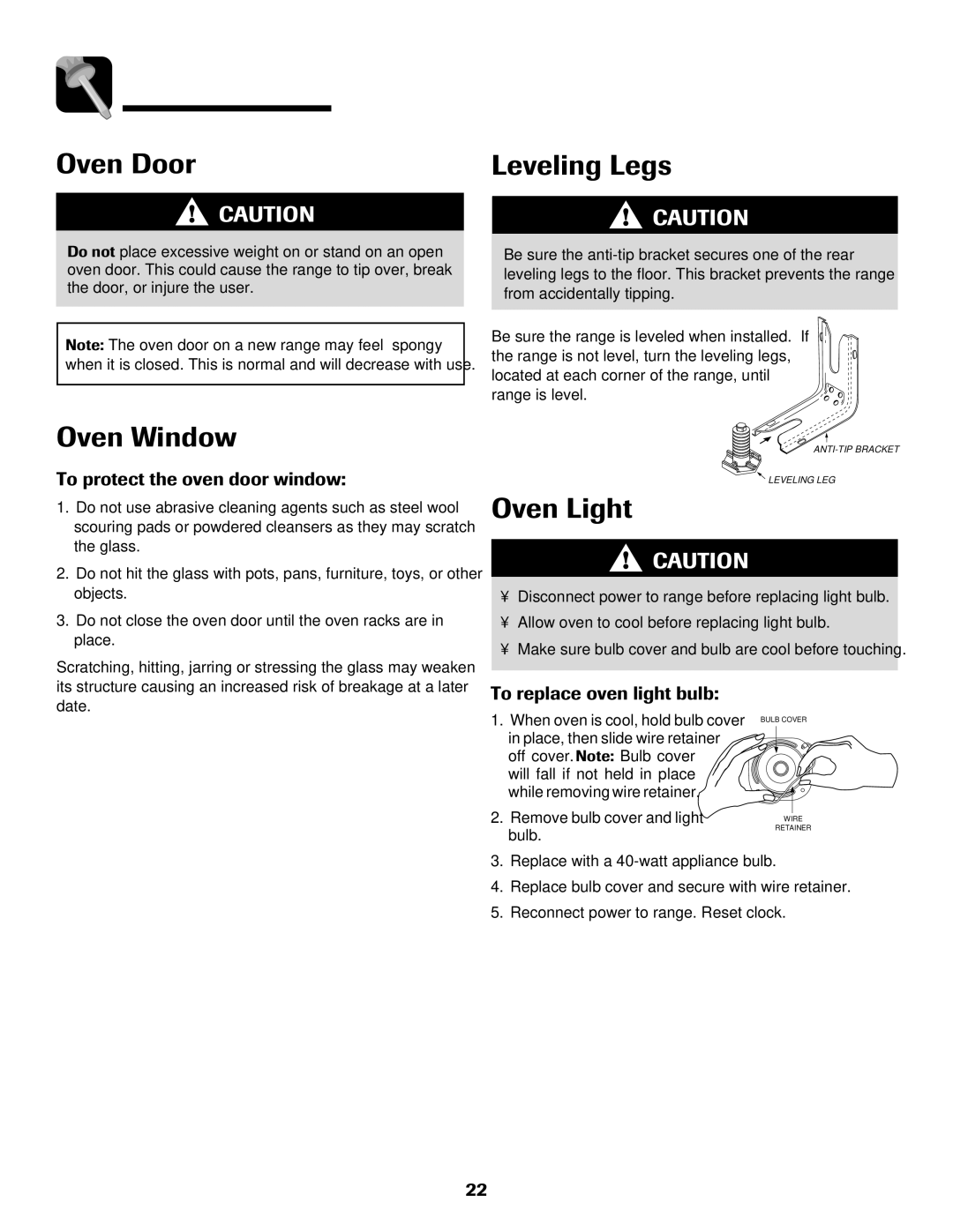 Maytag Range Maintenance, Oven Window, Leveling Legs, To protect the oven door window, To replace oven light bulb 