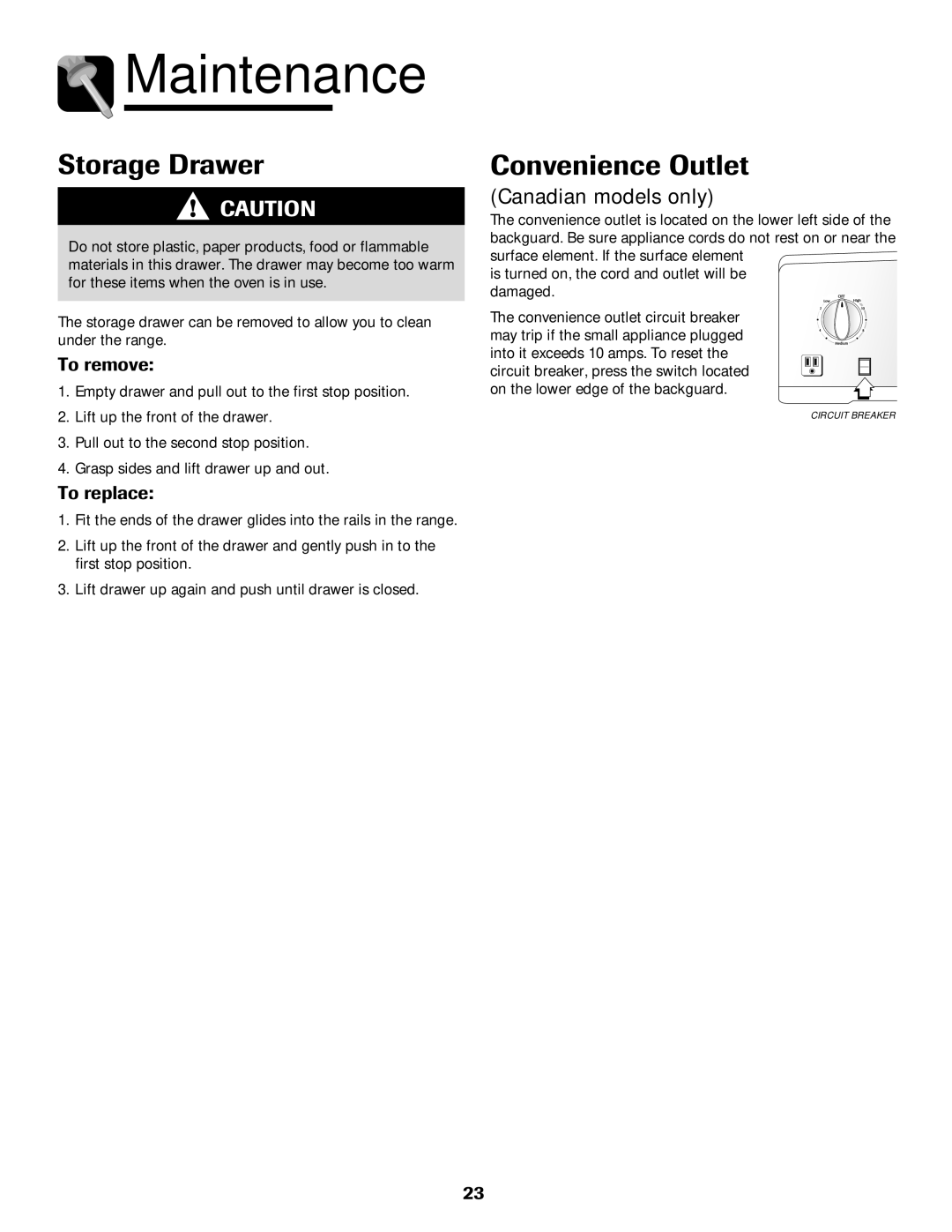 Maytag Range important safety instructions Storage Drawer, Convenience Outlet, Canadian models only 