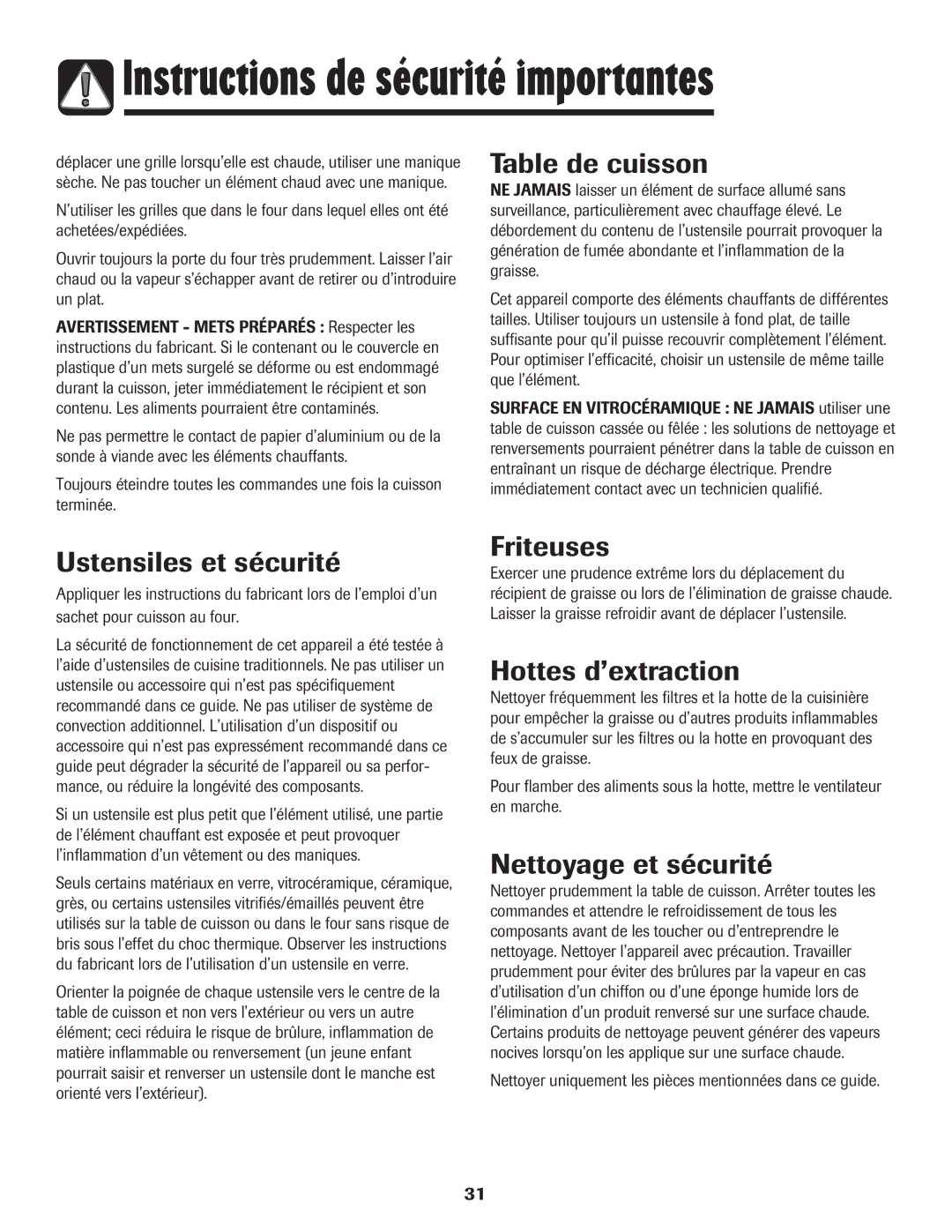 Maytag Range Table de cuisson, Ustensiles et sécurité, Friteuses, Hottes d’extraction, Nettoyage et sécurité 