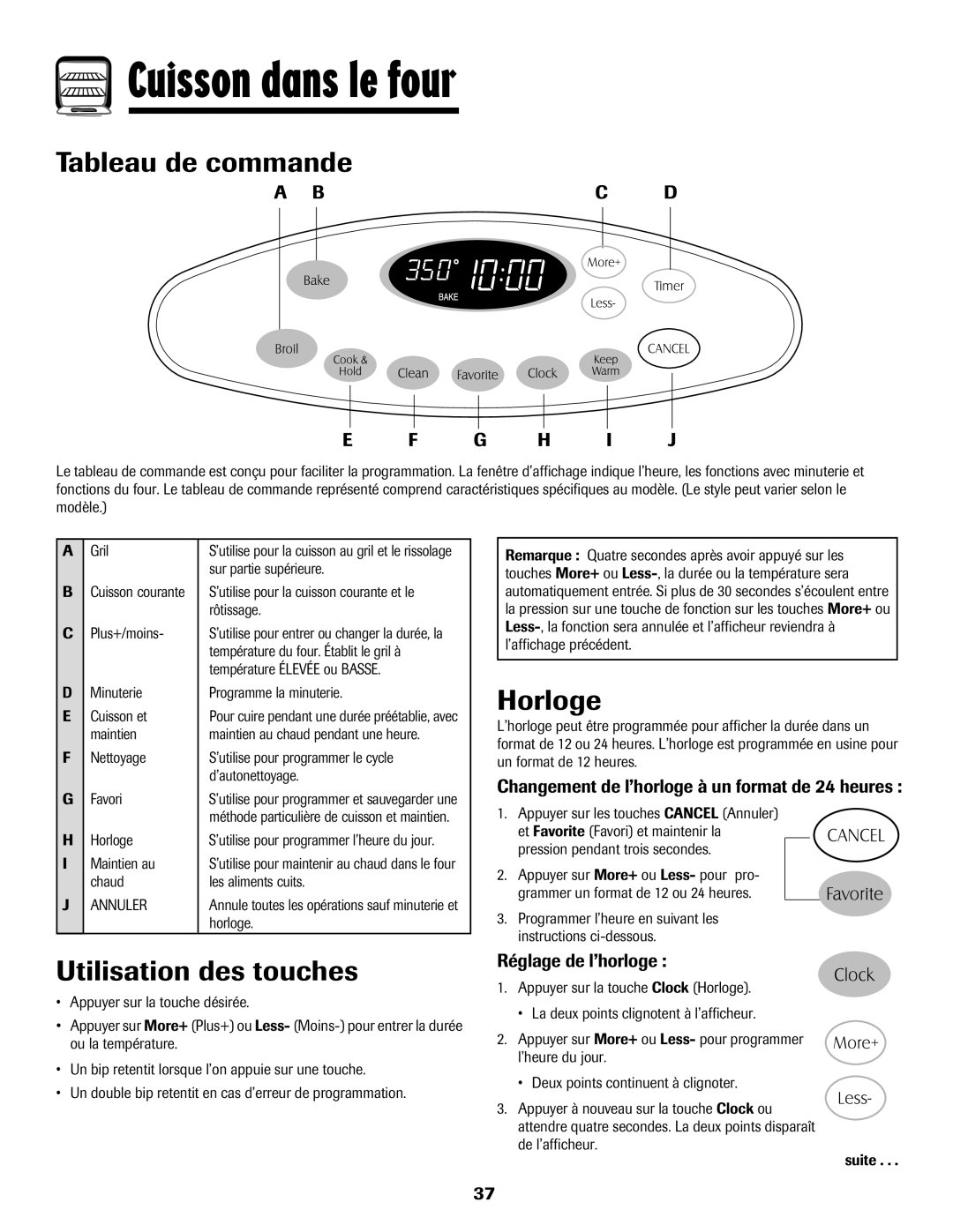 Maytag Range important safety instructions Cuisson dans le four, Tableau de commande, Horloge, Utilisation des touches 