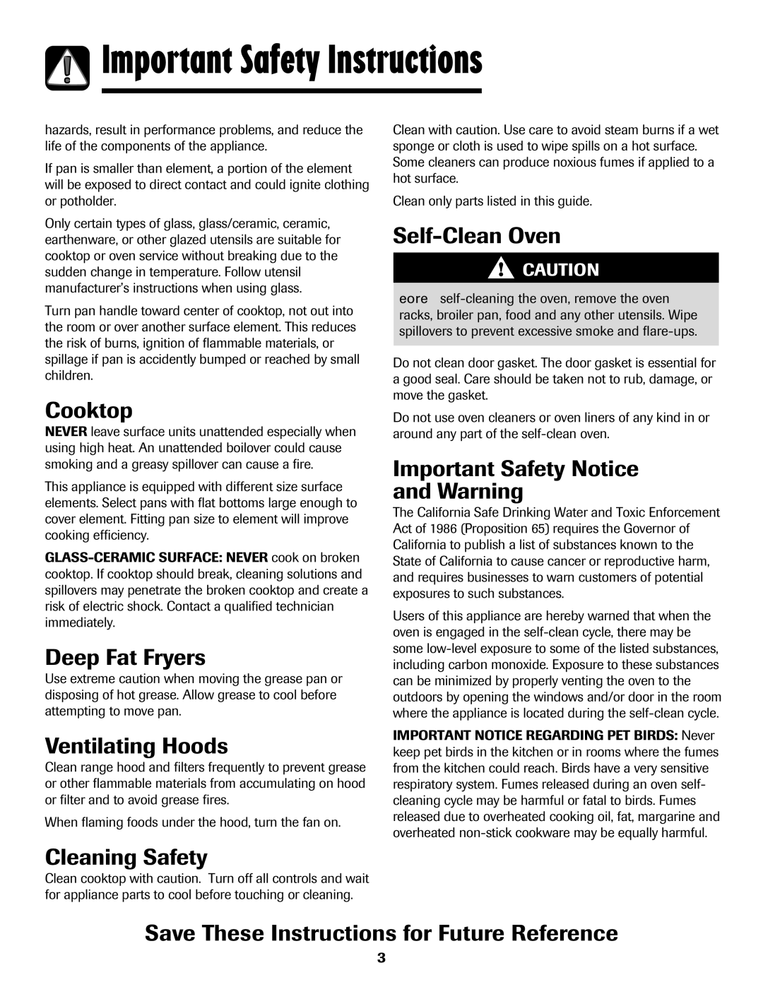 Maytag Range Cooktop, Deep Fat Fryers, Ventilating Hoods, Self-Clean Oven, Important Safety Notice and Warning 