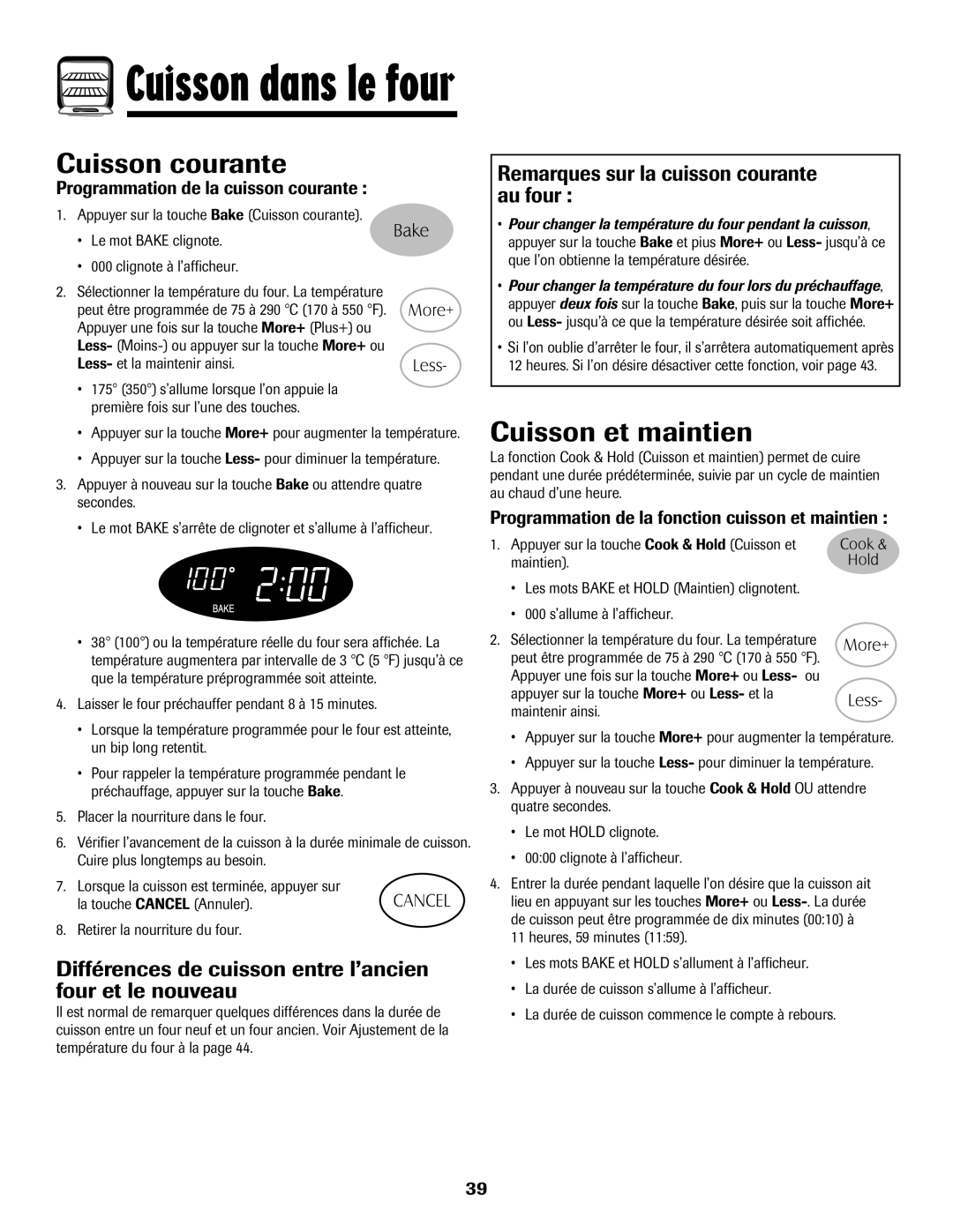 Maytag Range Cuisson courante, Cuisson et maintien, Différences de cuisson entre l’ancien four et le nouveau 