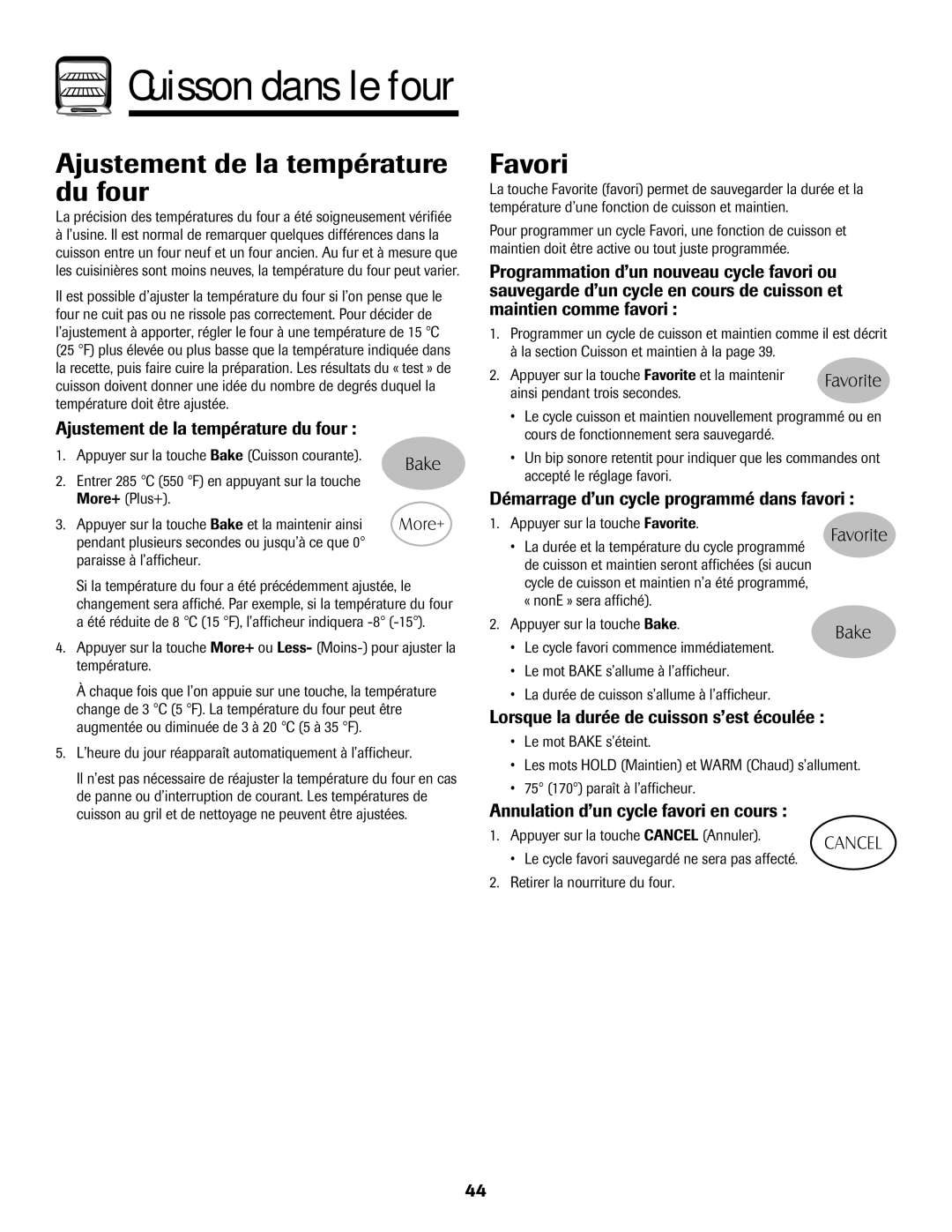 Maytag Range Ajustement de la température du four, Favori, Démarrage d’un cycle programmé dans favori 