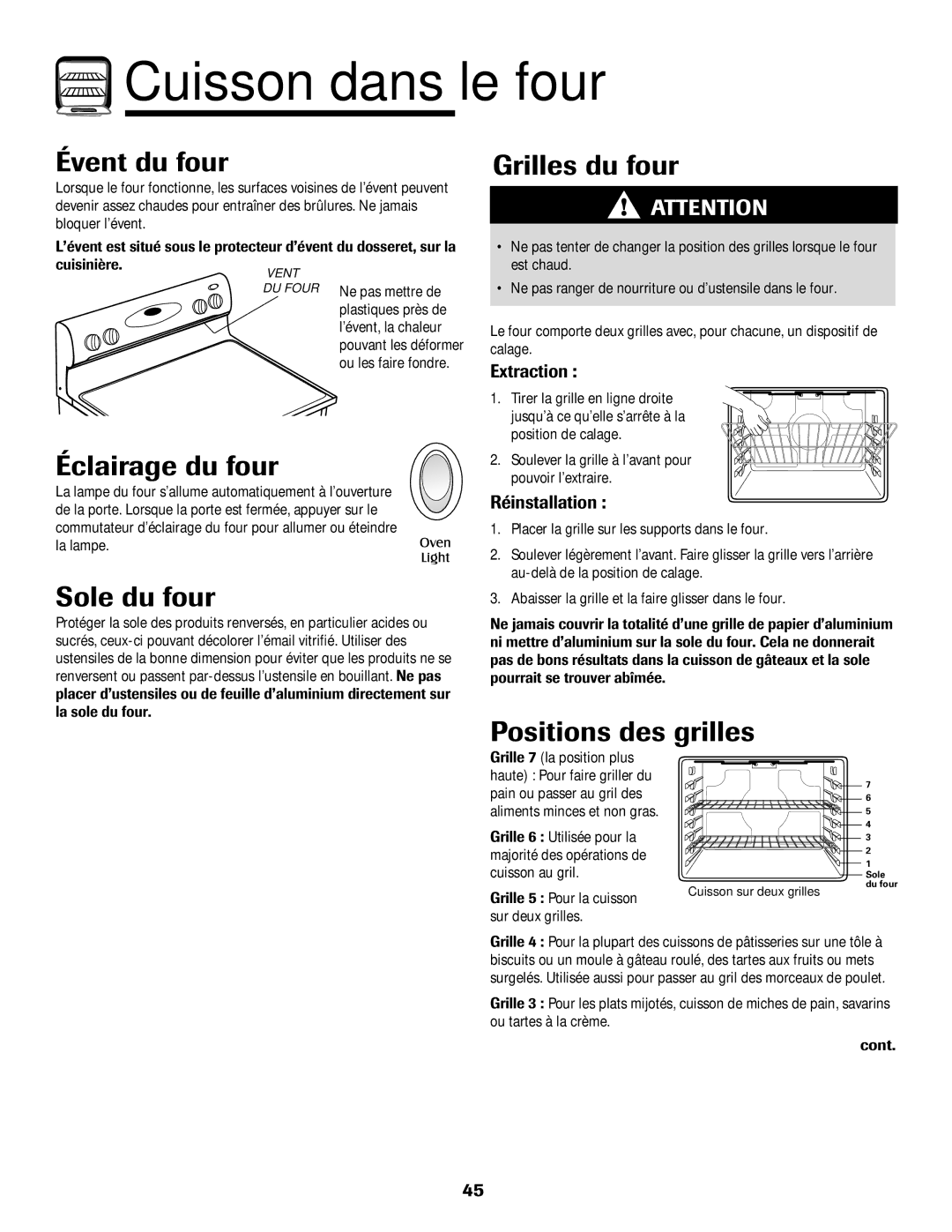 Maytag Range Évent du four, Éclairage du four, Sole du four, Grilles du four, Positions des grilles 