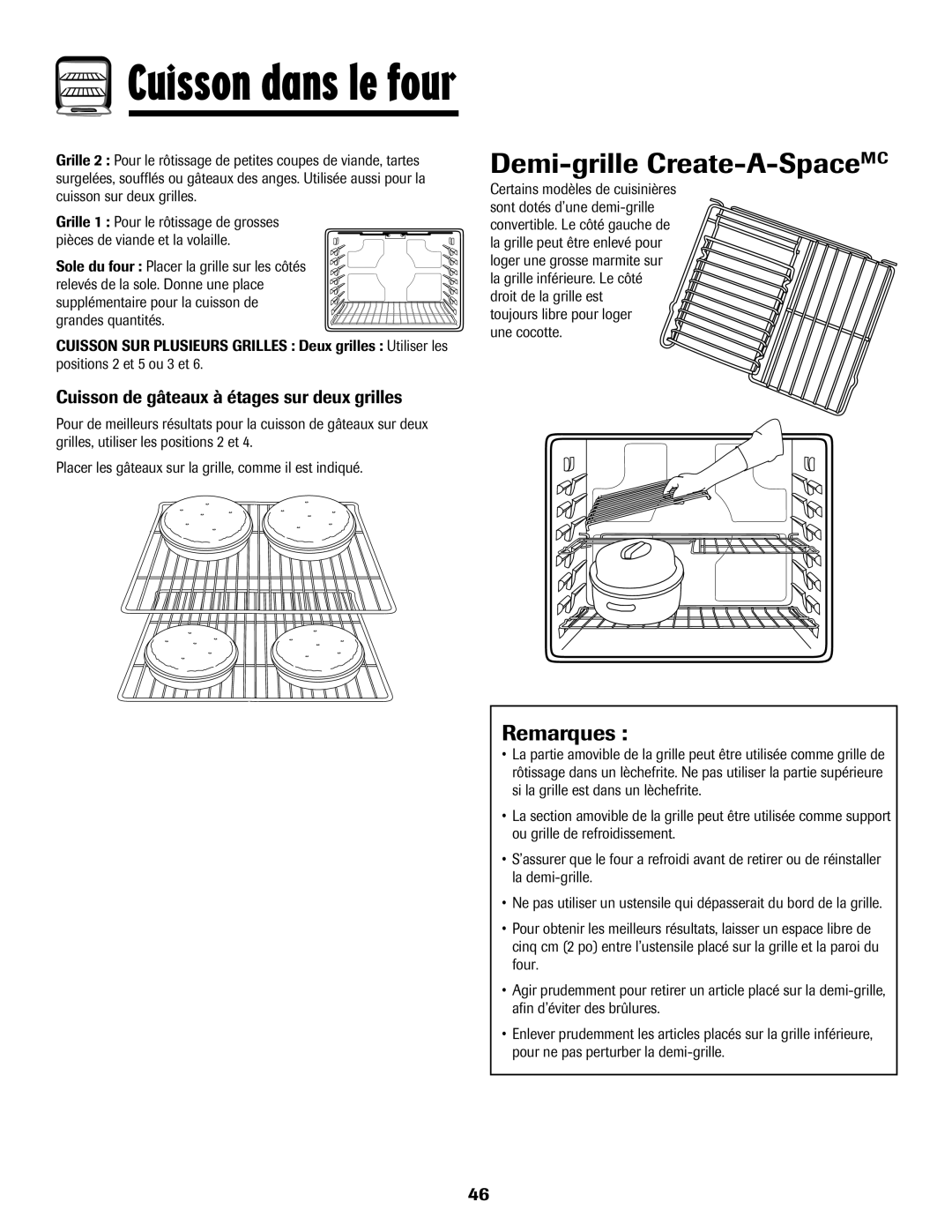 Maytag Range Demi-grille Create-A-SpaceMC, Remarques, Cuisson de gâteaux à étages sur deux grilles 