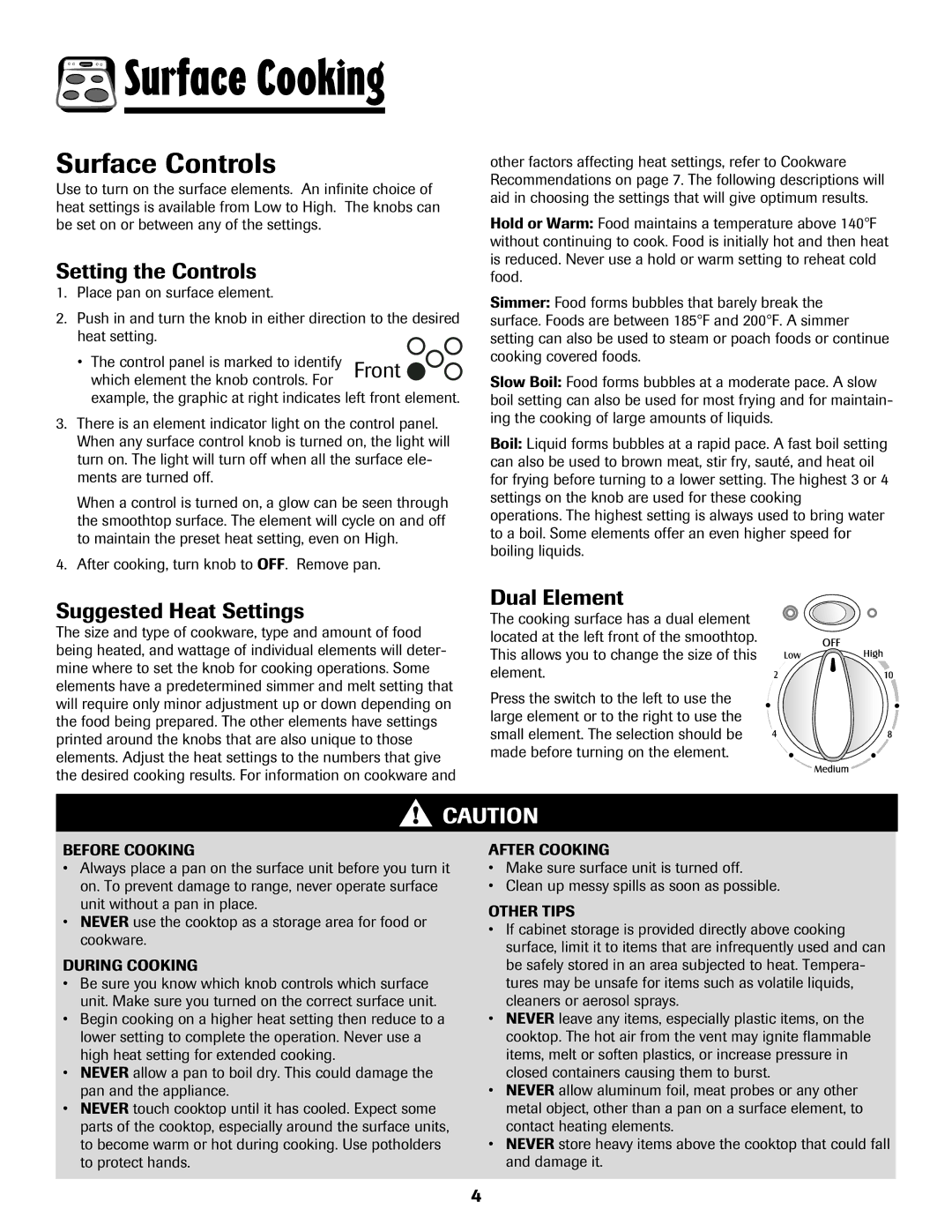 Maytag Range important safety instructions Surface Controls, Setting the Controls, Suggested Heat Settings, Dual Element 