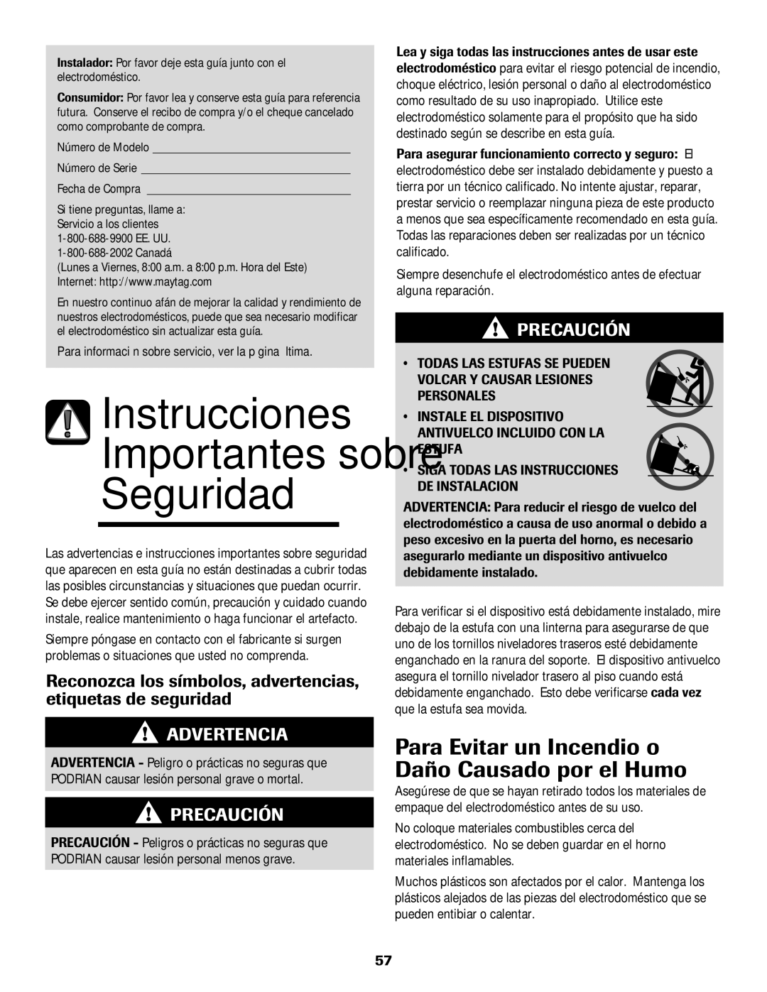 Maytag Range important safety instructions Para Evitar un Incendio o Daño Causado por el Humo, Fecha de Compra, Canadá 