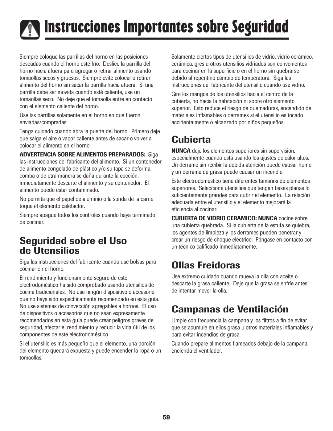 Maytag Range Seguridad sobre el Uso de Utensilios, Cubierta, Ollas Freidoras, Campanas de Ventilación 