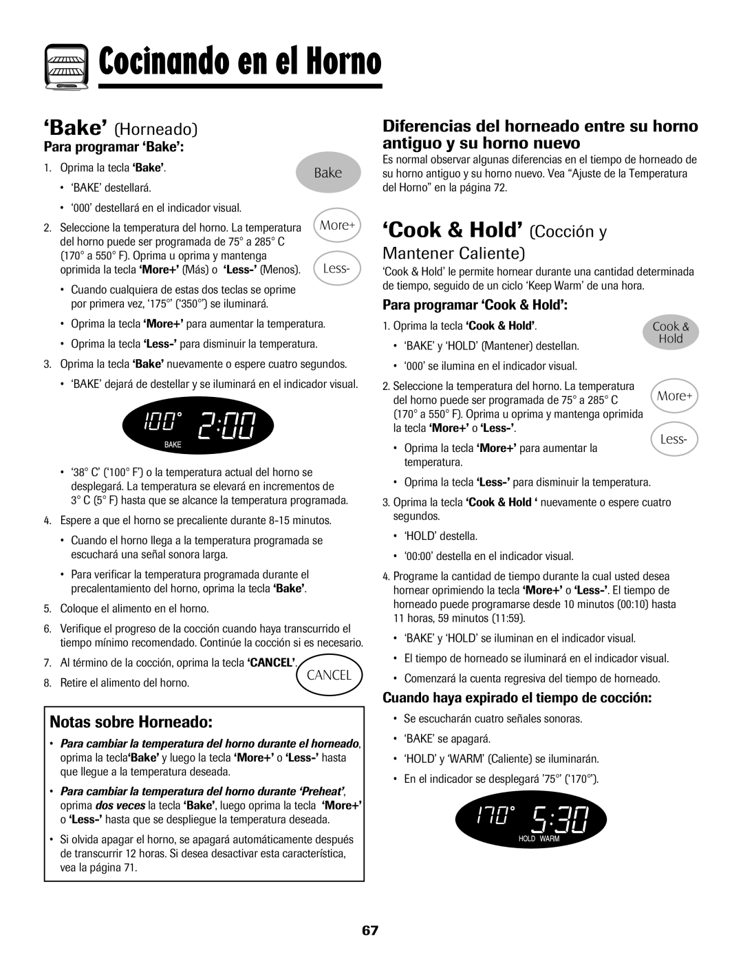 Maytag Range ‘Cook & Hold’ Cocción y, ‘Bake’ Horneado, Mantener Caliente, Notas sobre Horneado 