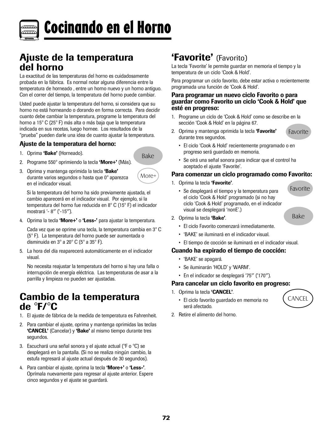 Maytag Range Ajuste de la temperatura del horno, ‘Favorite’ Favorito, Cambio de la temperatura de F/C 