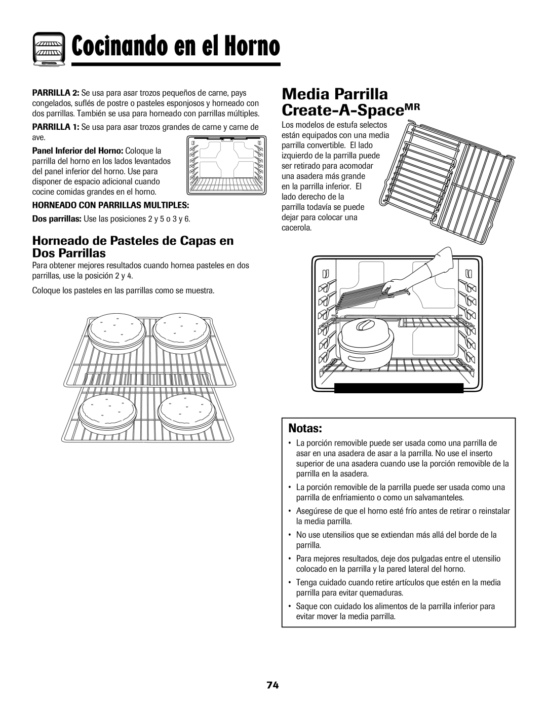 Maytag Range Media Parrilla Create-A-SpaceMR, Horneado de Pasteles de Capas en Dos Parrillas, Notas 