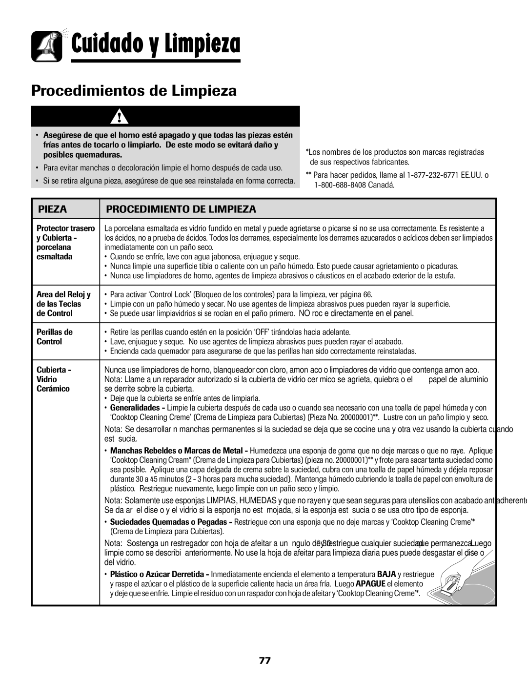 Maytag Range important safety instructions Procedimientos de Limpieza, Pieza Procedimiento DE Limpieza 