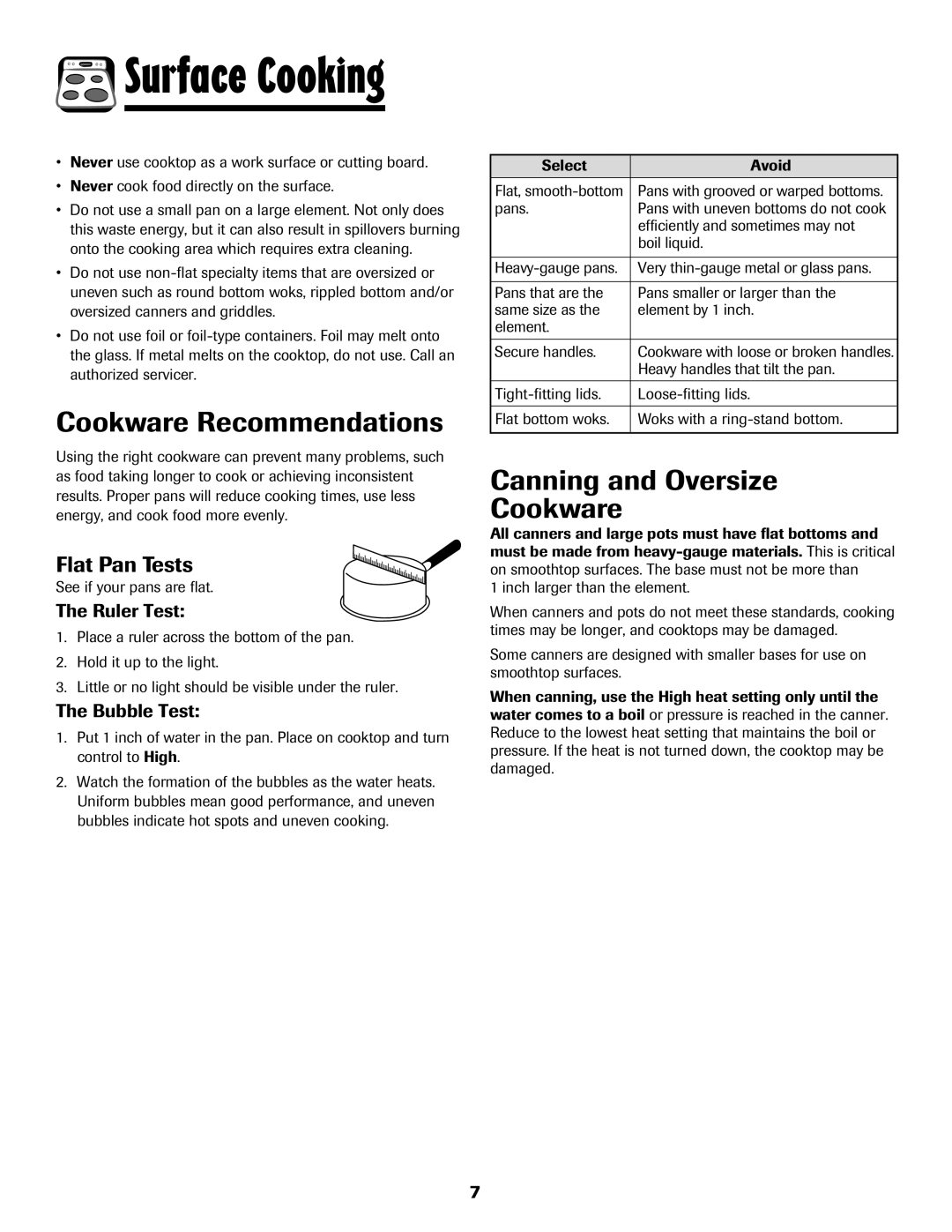 Maytag Range Cookware Recommendations, Canning and Oversize Cookware, Flat Pan Tests, Ruler Test, Bubble Test 