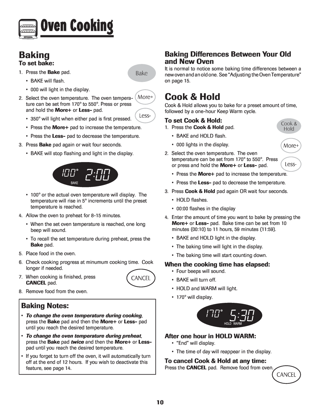 Maytag Range Cook & Hold, Baking Notes, Baking Differences Between Your Old and New Oven, To set bake, Oven Cooking 